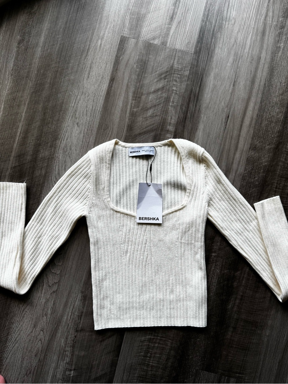 Bershka Off-White Ribbed Square-Neck Long Sleeve Top
